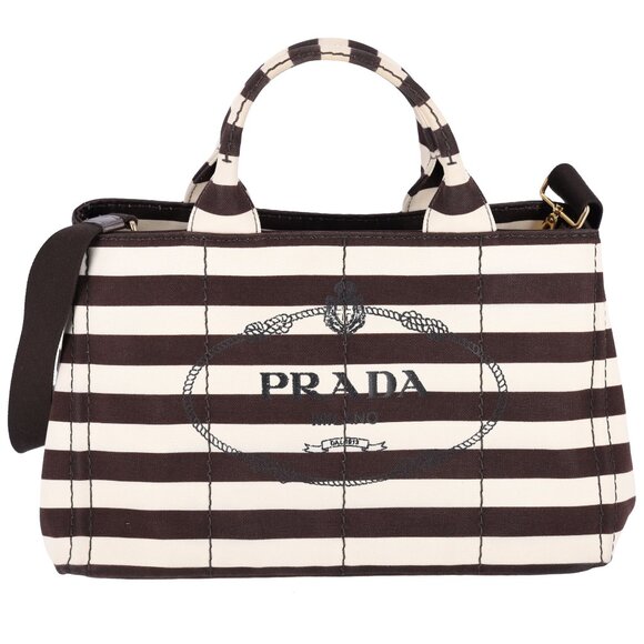 PRADA Canapa Large Canvas Tote Bag Brown White Stripe Shoulder Bag - Picture 3 of 16
